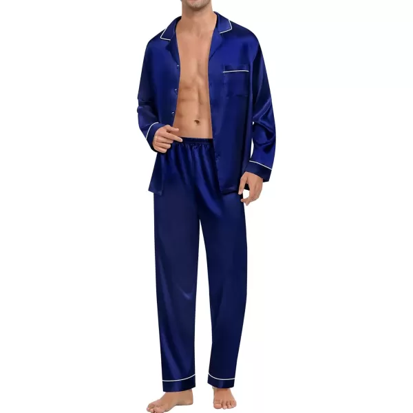 imageSWOMOG Mens Satin Silk Pajamas Set 3pcs Short Sleeve Sleepwear Silky Button Down Pjs Sets Classic Loungewear NightwearPiping Style Twodeep Navy Blue