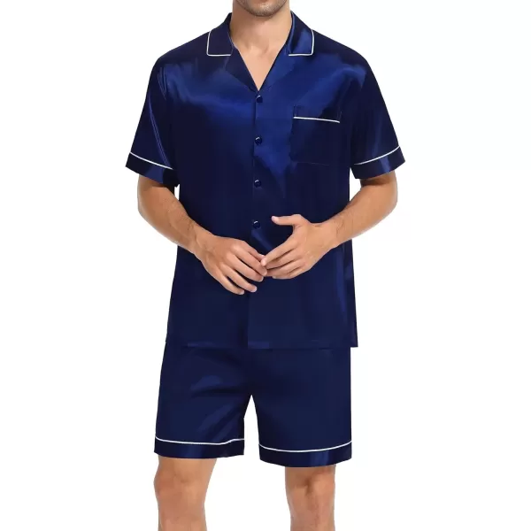 imageSWOMOG Mens Satin Silk Pajamas Set 3pcs Short Sleeve Sleepwear Silky Button Down Pjs Sets Classic Loungewear NightwearPiping Style Twodeep Navy Blue