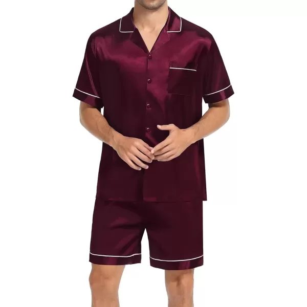 imageSWOMOG Mens Satin Silk Pajamas Set 3pcs Short Sleeve Sleepwear Silky Button Down Pjs Sets Classic Loungewear NightwearPiping Style Twodeep Wine Red