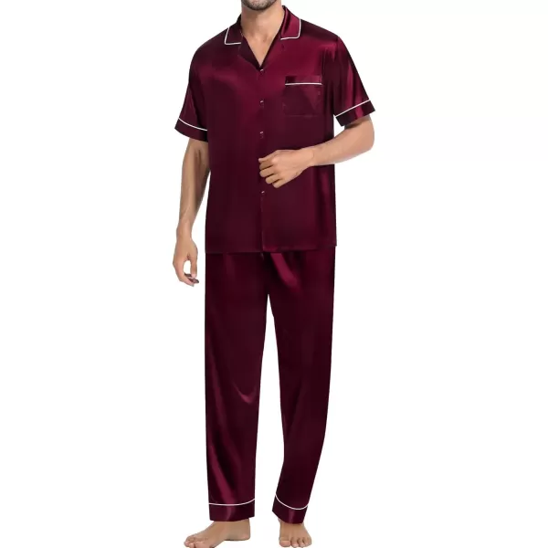 imageSWOMOG Mens Satin Silk Pajamas Set 3pcs Short Sleeve Sleepwear Silky Button Down Pjs Sets Classic Loungewear NightwearPiping Style Twodeep Wine Red