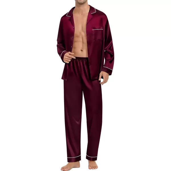 imageSWOMOG Mens Satin Silk Pajamas Set 3pcs Short Sleeve Sleepwear Silky Button Down Pjs Sets Classic Loungewear NightwearPiping Style Twodeep Wine Red