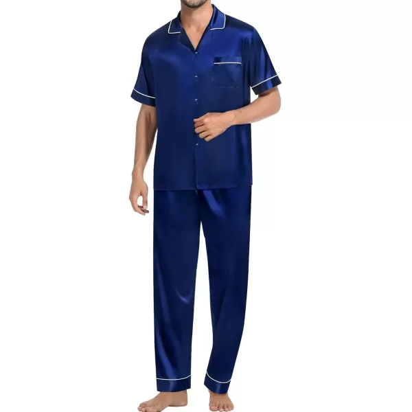 imageSWOMOG Mens Satin Silk Pajamas Set 3pcs Short Sleeve Sleepwear Silky Button Down Pjs Sets Classic Loungewear NightwearPiping Style Twonavy Blue