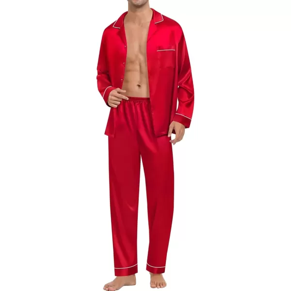 imageSWOMOG Mens Satin Silk Pajamas Set 3pcs Short Sleeve Sleepwear Silky Button Down Pjs Sets Classic Loungewear NightwearPiping Style Twored