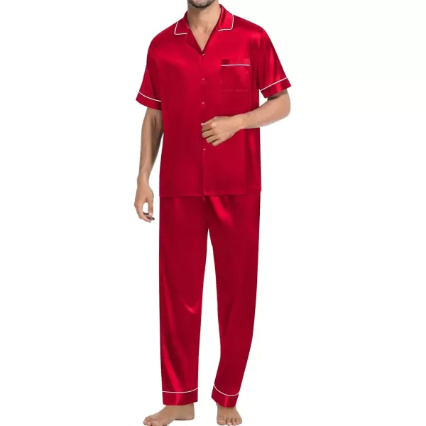 imageSWOMOG Mens Satin Silk Pajamas Set 3pcs Short Sleeve Sleepwear Silky Button Down Pjs Sets Classic Loungewear NightwearPiping Style Twored