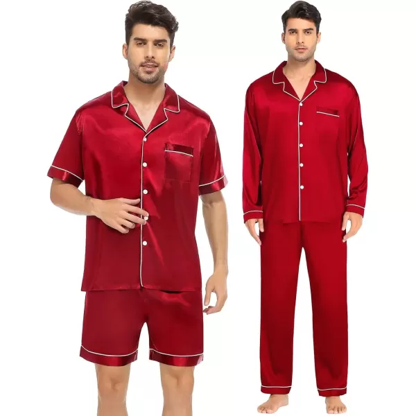 imageSWOMOG Mens Satin Silk Pajamas Set 3pcs Short Sleeve Sleepwear Silky Button Down Pjs Sets Classic Loungewear NightwearRed 1