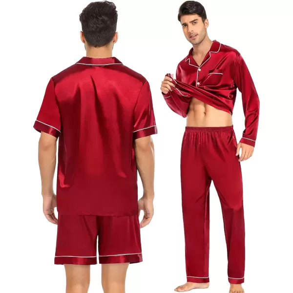 imageSWOMOG Mens Satin Silk Pajamas Set 3pcs Short Sleeve Sleepwear Silky Button Down Pjs Sets Classic Loungewear NightwearRed 1