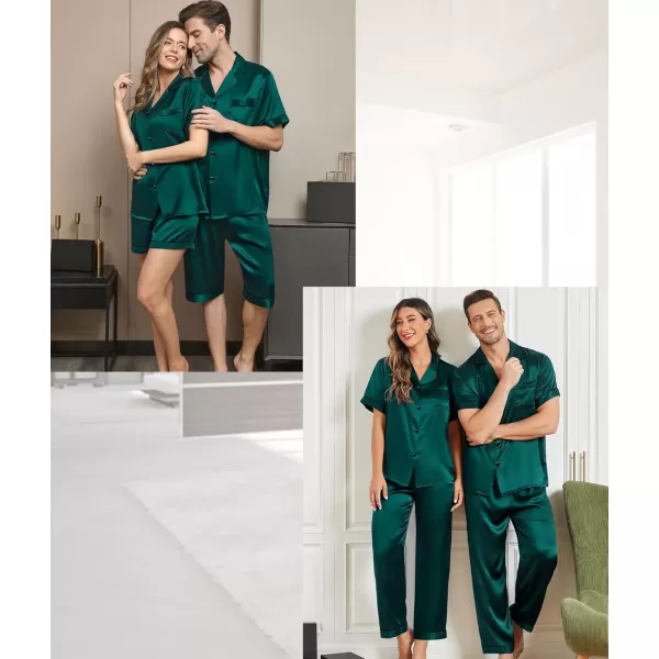 imageSWOMOG Mens Satin Silk Pajamas Set 3pcs Short Sleeve Sleepwear Silky Button Down Pjs Sets Classic Loungewear NightwearThree Pcsdeep Green