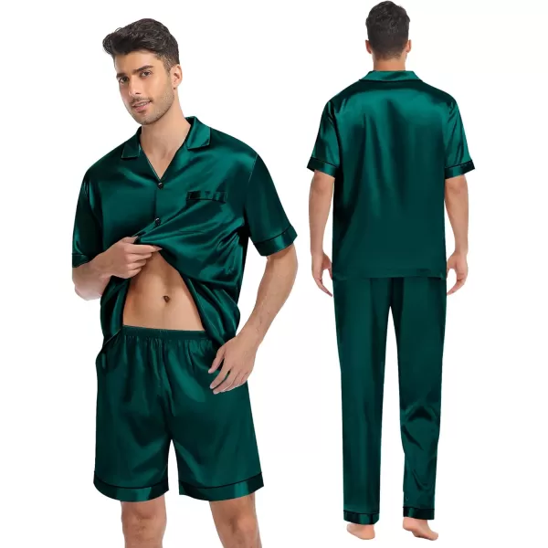 imageSWOMOG Mens Satin Silk Pajamas Set 3pcs Short Sleeve Sleepwear Silky Button Down Pjs Sets Classic Loungewear NightwearThree Pcsdeep Green