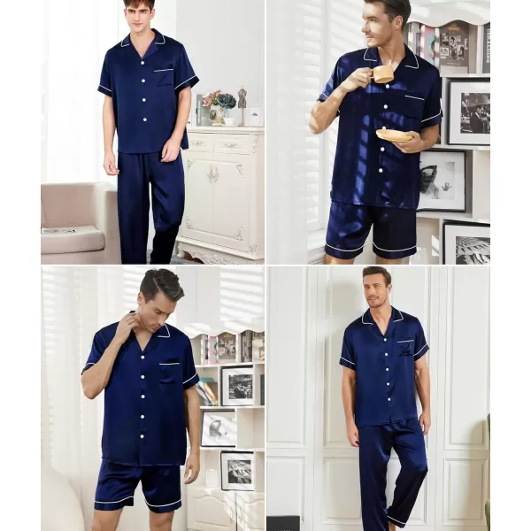 imageSWOMOG Mens Satin Silk Pajamas Set 3pcs Short Sleeve Sleepwear Silky Button Down Pjs Sets Classic Loungewear NightwearThree Pcsdeep Navy Blue