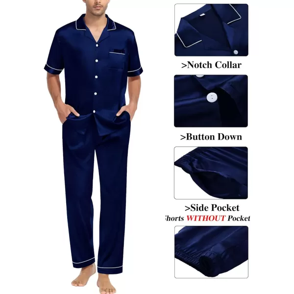 imageSWOMOG Mens Satin Silk Pajamas Set 3pcs Short Sleeve Sleepwear Silky Button Down Pjs Sets Classic Loungewear NightwearThree Pcsdeep Navy Blue