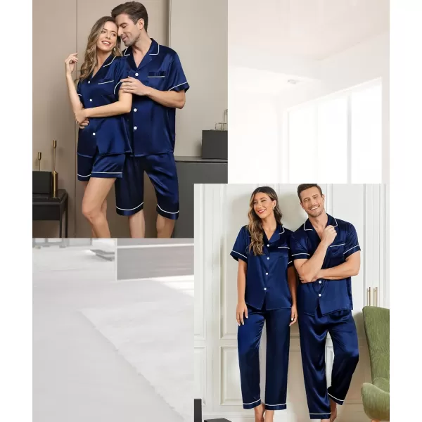 imageSWOMOG Mens Satin Silk Pajamas Set 3pcs Short Sleeve Sleepwear Silky Button Down Pjs Sets Classic Loungewear NightwearThree Pcsdeep Navy Blue