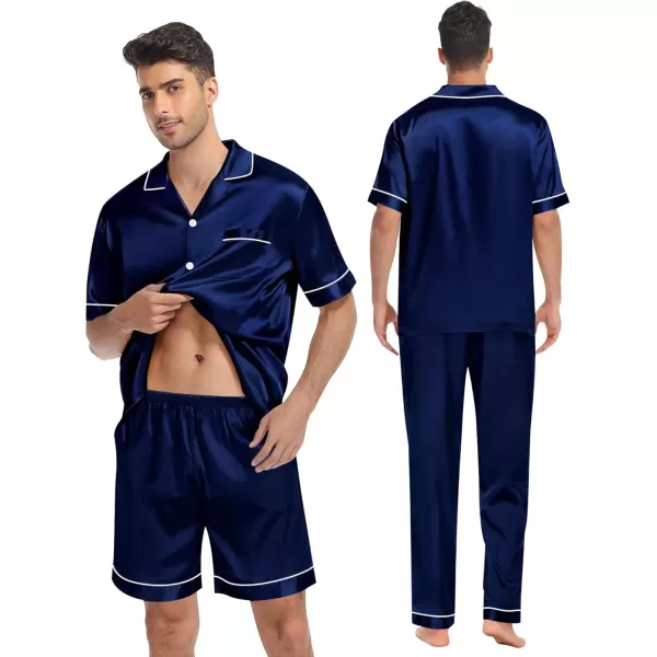 imageSWOMOG Mens Satin Silk Pajamas Set 3pcs Short Sleeve Sleepwear Silky Button Down Pjs Sets Classic Loungewear NightwearThree Pcsdeep Navy Blue