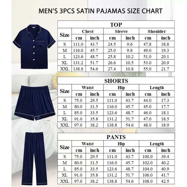 imageSWOMOG Mens Satin Silk Pajamas Set 3pcs Short Sleeve Sleepwear Silky Button Down Pjs Sets Classic Loungewear NightwearThree Pcsdeep Navy Blue