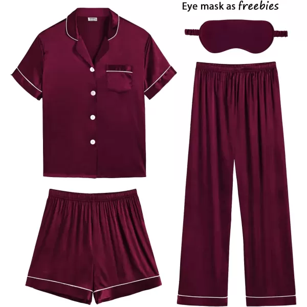 imageSWOMOG Mens Satin Silk Pajamas Set 3pcs Short Sleeve Sleepwear Silky Button Down Pjs Sets Classic Loungewear NightwearThree Pcsdeep Wine Red