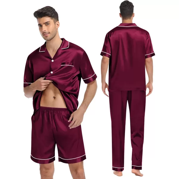 imageSWOMOG Mens Satin Silk Pajamas Set 3pcs Short Sleeve Sleepwear Silky Button Down Pjs Sets Classic Loungewear NightwearThree Pcsdeep Wine Red