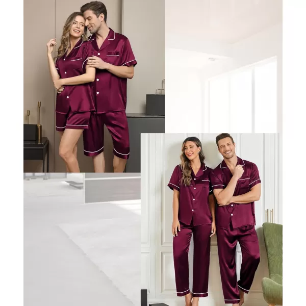 imageSWOMOG Mens Satin Silk Pajamas Set 3pcs Short Sleeve Sleepwear Silky Button Down Pjs Sets Classic Loungewear NightwearThree Pcsdeep Wine Red