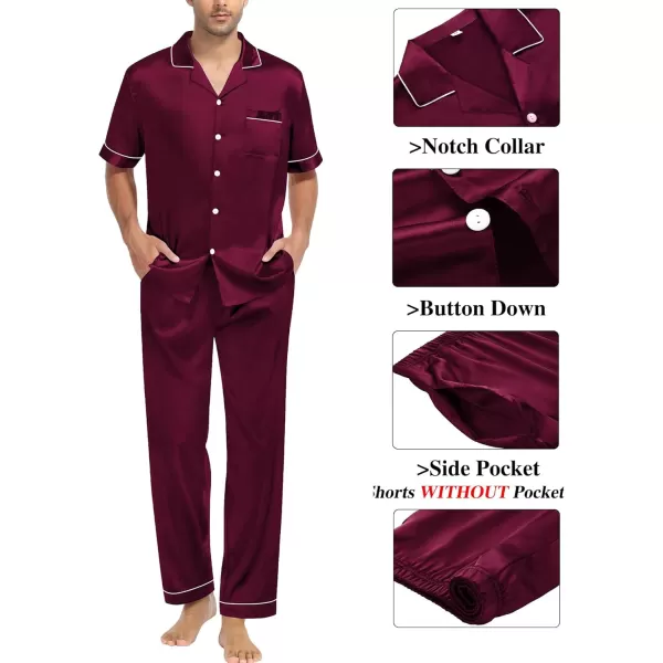 imageSWOMOG Mens Satin Silk Pajamas Set 3pcs Short Sleeve Sleepwear Silky Button Down Pjs Sets Classic Loungewear NightwearThree Pcsdeep Wine Red