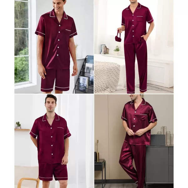 imageSWOMOG Mens Satin Silk Pajamas Set 3pcs Short Sleeve Sleepwear Silky Button Down Pjs Sets Classic Loungewear NightwearThree Pcsdeep Wine Red