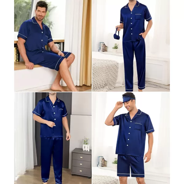 imageSWOMOG Mens Satin Silk Pajamas Set 3pcs Short Sleeve Sleepwear Silky Button Down Pjs Sets Classic Loungewear NightwearThree Pcsnavy Blue