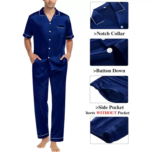 imageSWOMOG Mens Satin Silk Pajamas Set 3pcs Short Sleeve Sleepwear Silky Button Down Pjs Sets Classic Loungewear NightwearThree Pcsnavy Blue