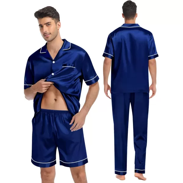 imageSWOMOG Mens Satin Silk Pajamas Set 3pcs Short Sleeve Sleepwear Silky Button Down Pjs Sets Classic Loungewear NightwearThree Pcsnavy Blue