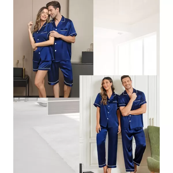 imageSWOMOG Mens Satin Silk Pajamas Set 3pcs Short Sleeve Sleepwear Silky Button Down Pjs Sets Classic Loungewear NightwearThree Pcsnavy Blue