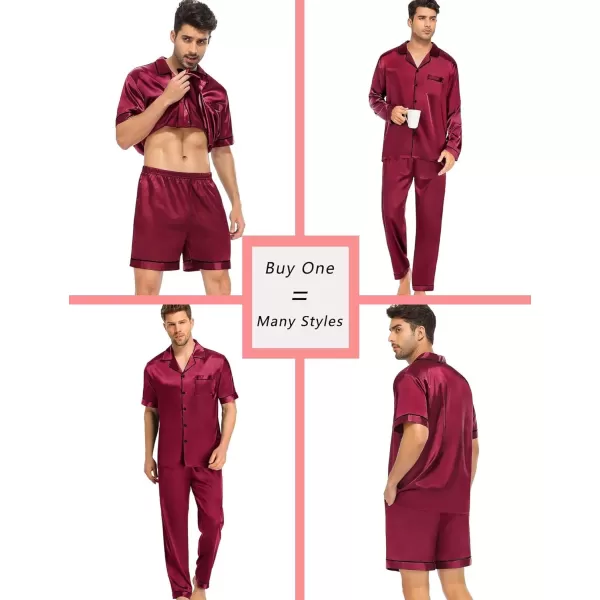 imageSWOMOG Mens Satin Silk Pajamas Set 3pcs Short Sleeve Sleepwear Silky Button Down Pjs Sets Classic Loungewear NightwearWine Red