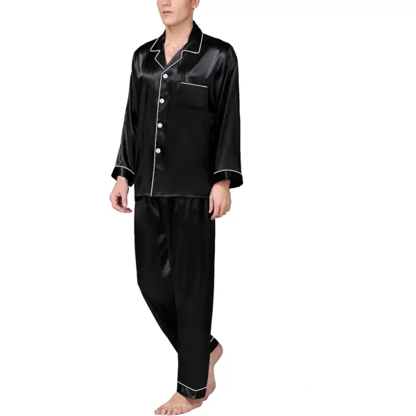 imageSWOMOG Mens Silk Satin Pajamas Set Long Sleeve Sleepwear ButtonDown Pj Twopiece Loungewear with Long Pants SXXLBlack