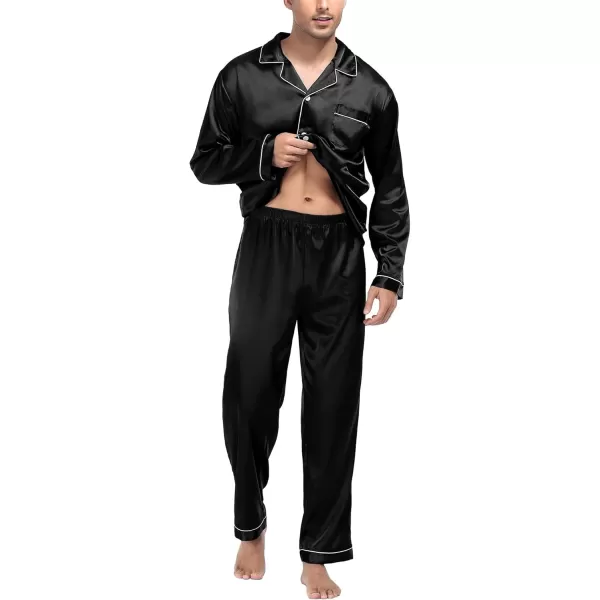 imageSWOMOG Mens Silk Satin Pajamas Set Long Sleeve Sleepwear ButtonDown Pj Twopiece Loungewear with Long Pants SXXLBlack