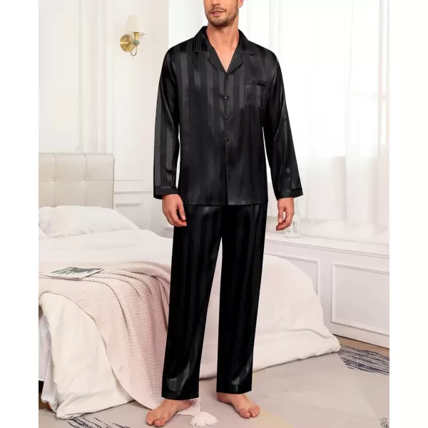 imageSWOMOG Mens Silk Satin Pajamas Set Long Sleeve Sleepwear ButtonDown Pj Twopiece Loungewear with Long Pants SXXLBlack Stripe