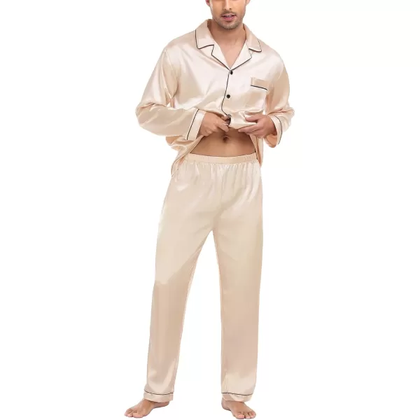 imageSWOMOG Mens Silk Satin Pajamas Set Long Sleeve Sleepwear ButtonDown Pj Twopiece Loungewear with Long Pants SXXLChampagne