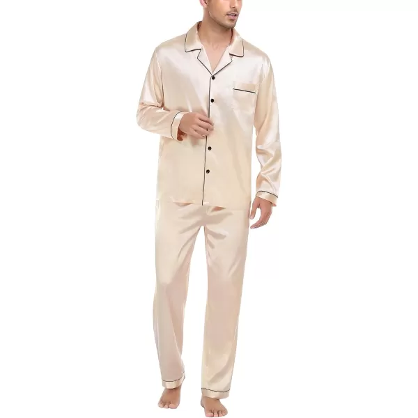 imageSWOMOG Mens Silk Satin Pajamas Set Long Sleeve Sleepwear ButtonDown Pj Twopiece Loungewear with Long Pants SXXLChampagne