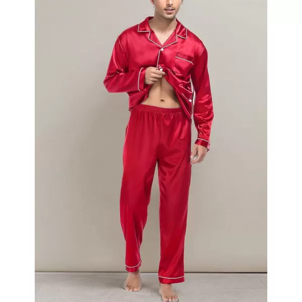 imageSWOMOG Mens Silk Satin Pajamas Set Long Sleeve Sleepwear ButtonDown Pj Twopiece Loungewear with Long Pants SXXLChristmas Red