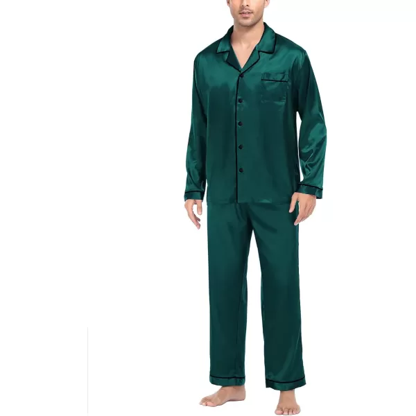 imageSWOMOG Mens Silk Satin Pajamas Set Long Sleeve Sleepwear ButtonDown Pj Twopiece Loungewear with Long Pants SXXLDeep Green