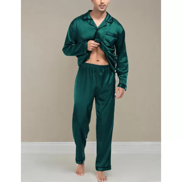 imageSWOMOG Mens Silk Satin Pajamas Set Long Sleeve Sleepwear ButtonDown Pj Twopiece Loungewear with Long Pants SXXLDeep Green