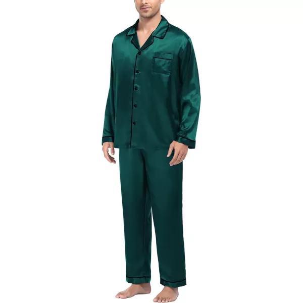 imageSWOMOG Mens Silk Satin Pajamas Set Long Sleeve Sleepwear ButtonDown Pj Twopiece Loungewear with Long Pants SXXLDeep Green