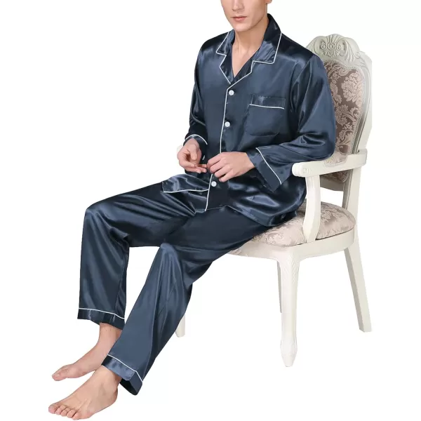 imageSWOMOG Mens Silk Satin Pajamas Set Long Sleeve Sleepwear ButtonDown Pj Twopiece Loungewear with Long Pants SXXLDeep Grey