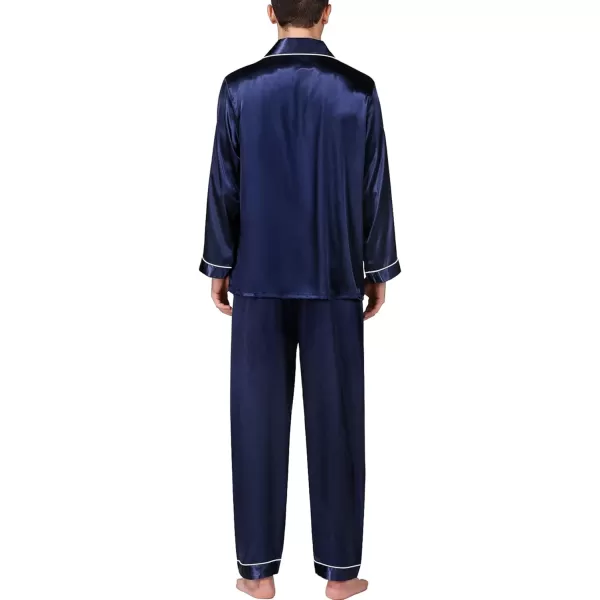 imageSWOMOG Mens Silk Satin Pajamas Set Long Sleeve Sleepwear ButtonDown Pj Twopiece Loungewear with Long Pants SXXLDeep Navy Blue