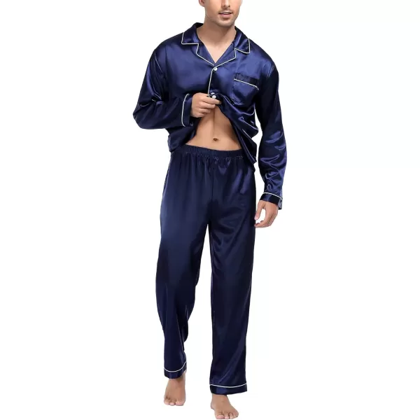 imageSWOMOG Mens Silk Satin Pajamas Set Long Sleeve Sleepwear ButtonDown Pj Twopiece Loungewear with Long Pants SXXLDeep Navy Blue