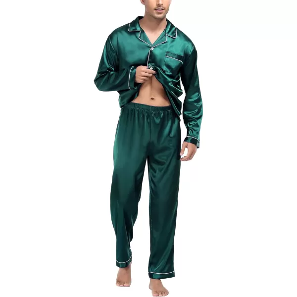 imageSWOMOG Mens Silk Satin Pajamas Set Long Sleeve Sleepwear ButtonDown Pj Twopiece Loungewear with Long Pants SXXLGreen