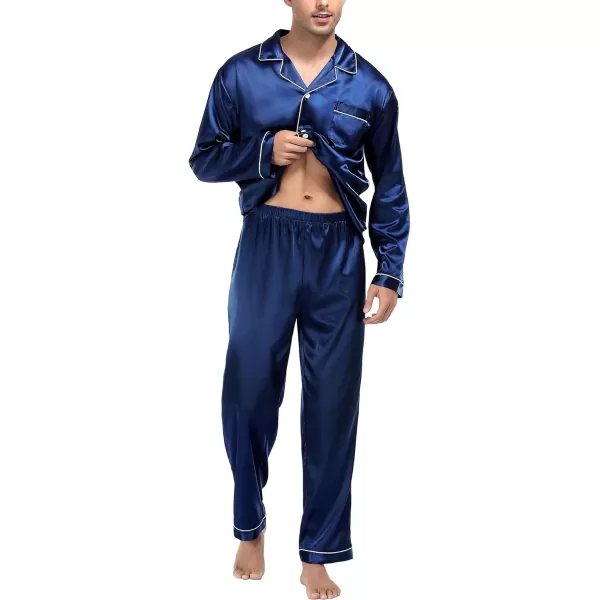 imageSWOMOG Mens Silk Satin Pajamas Set Long Sleeve Sleepwear ButtonDown Pj Twopiece Loungewear with Long Pants SXXLNavy Blue