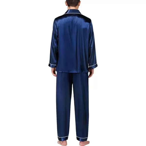 imageSWOMOG Mens Silk Satin Pajamas Set Long Sleeve Sleepwear ButtonDown Pj Twopiece Loungewear with Long Pants SXXLNavy Blue