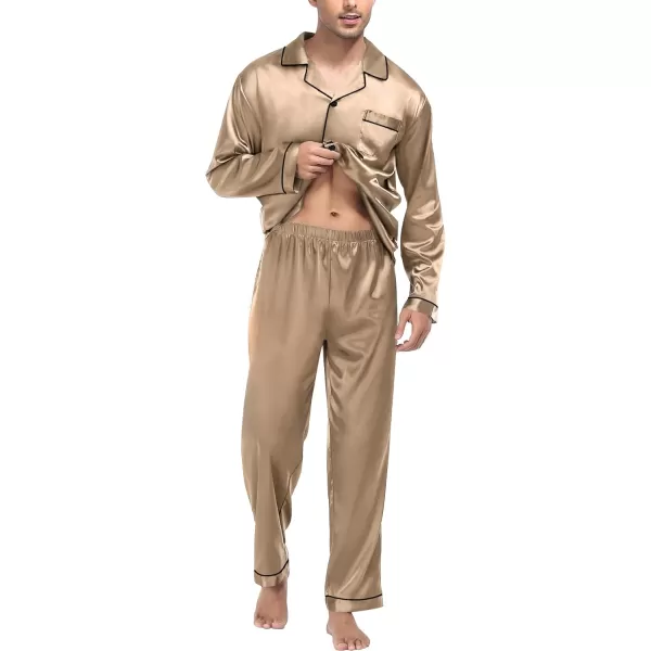 imageSWOMOG Mens Silk Satin Pajamas Set Long Sleeve Sleepwear ButtonDown Pj Twopiece Loungewear with Long Pants SXXLOpaue Couche