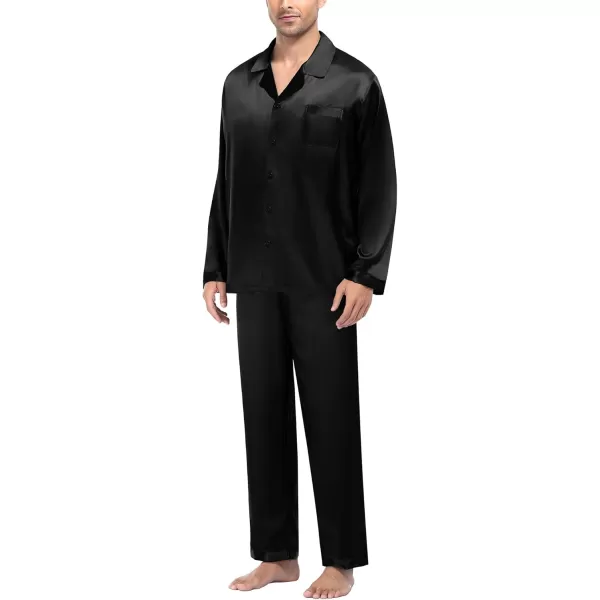 imageSWOMOG Mens Silk Satin Pajamas Set Long Sleeve Sleepwear ButtonDown Pj Twopiece Loungewear with Long Pants SXXLPure Black