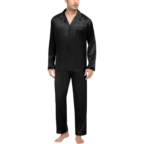 imageSWOMOG Mens Silk Satin Pajamas Set Long Sleeve Sleepwear ButtonDown Pj Twopiece Loungewear with Long Pants SXXLPure Black