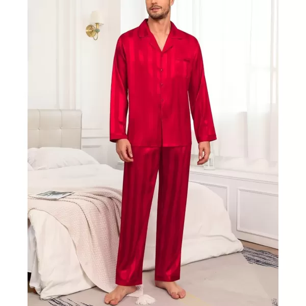 imageSWOMOG Mens Silk Satin Pajamas Set Long Sleeve Sleepwear ButtonDown Pj Twopiece Loungewear with Long Pants SXXLRed Stripe