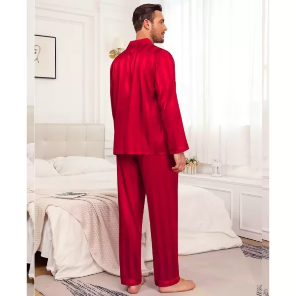 imageSWOMOG Mens Silk Satin Pajamas Set Long Sleeve Sleepwear ButtonDown Pj Twopiece Loungewear with Long Pants SXXLRed Stripe