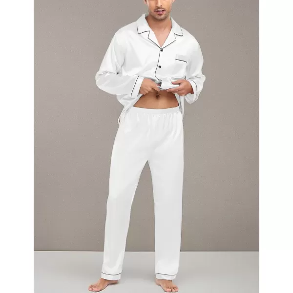 imageSWOMOG Mens Silk Satin Pajamas Set Long Sleeve Sleepwear ButtonDown Pj Twopiece Loungewear with Long Pants SXXLWhite