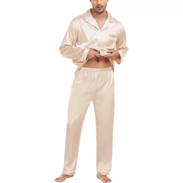 imageSWOMOG Mens Silk Satin Pajamas Set Long Sleeve Sleepwear ButtonDown Pj Twopiece Loungewear with Long Pants SXXLWhite Piping Champagne