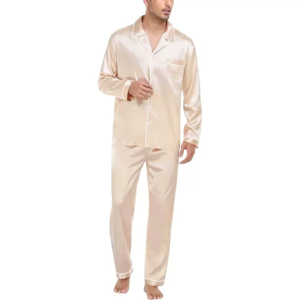 imageSWOMOG Mens Silk Satin Pajamas Set Long Sleeve Sleepwear ButtonDown Pj Twopiece Loungewear with Long Pants SXXLWhite Piping Champagne